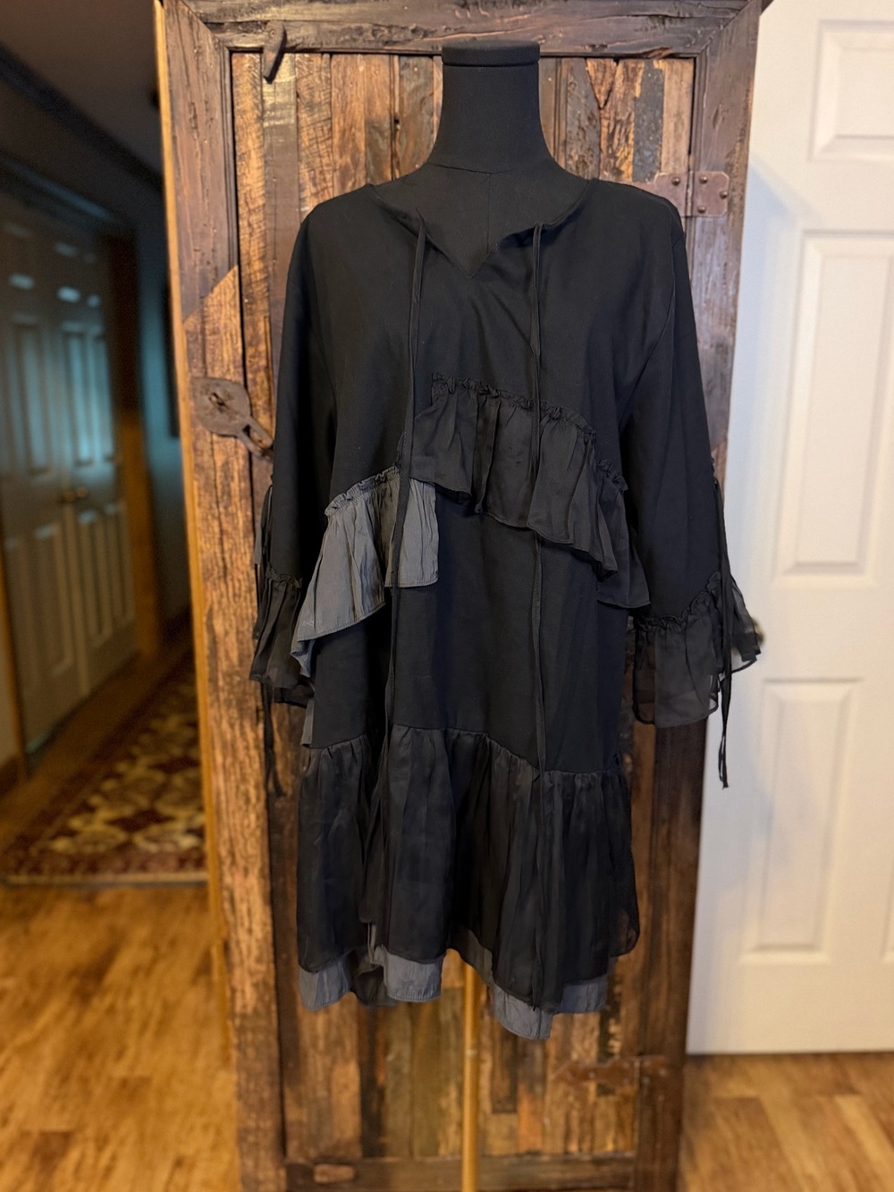 Pretty Angel Black Ruffle Linen Blend Tunic Dress L Boho Lagenlook Fairycore